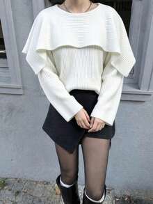 Women's 2026 Autumn/Winter Single Piece Knitted Sweater, Large Lapel Bell Sleeve, Loose Fit Textured Knit Top, Suitable For Daily Wear - White - View 5