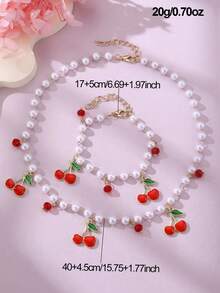 NAIZHU 2pcs/Set Kids Sweet Strawberry Cherry Fruit Faux Pearl Beaded Jewelry Set, Suitable For Daily Wear, Vacation, Party - Multicolor - View 5