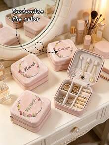Customized Name Floral Wreath PU Travel Jewelry Box, Portable Compartment Storage For Rings, Earrings, Necklaces, Bridesmaid & Girls Birthday Gift - Multicolor - View 1