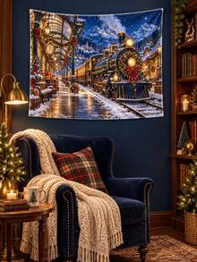 1PC Starlight Christmas Express Horizontal Wall Tapestry, Vintage Snowy Train Station Holiday Backdrop, Faux Ultra-Soft Polyester Single-Sided Print, White Overlock Edge, Multiple Sizes - Multicolor - View 4