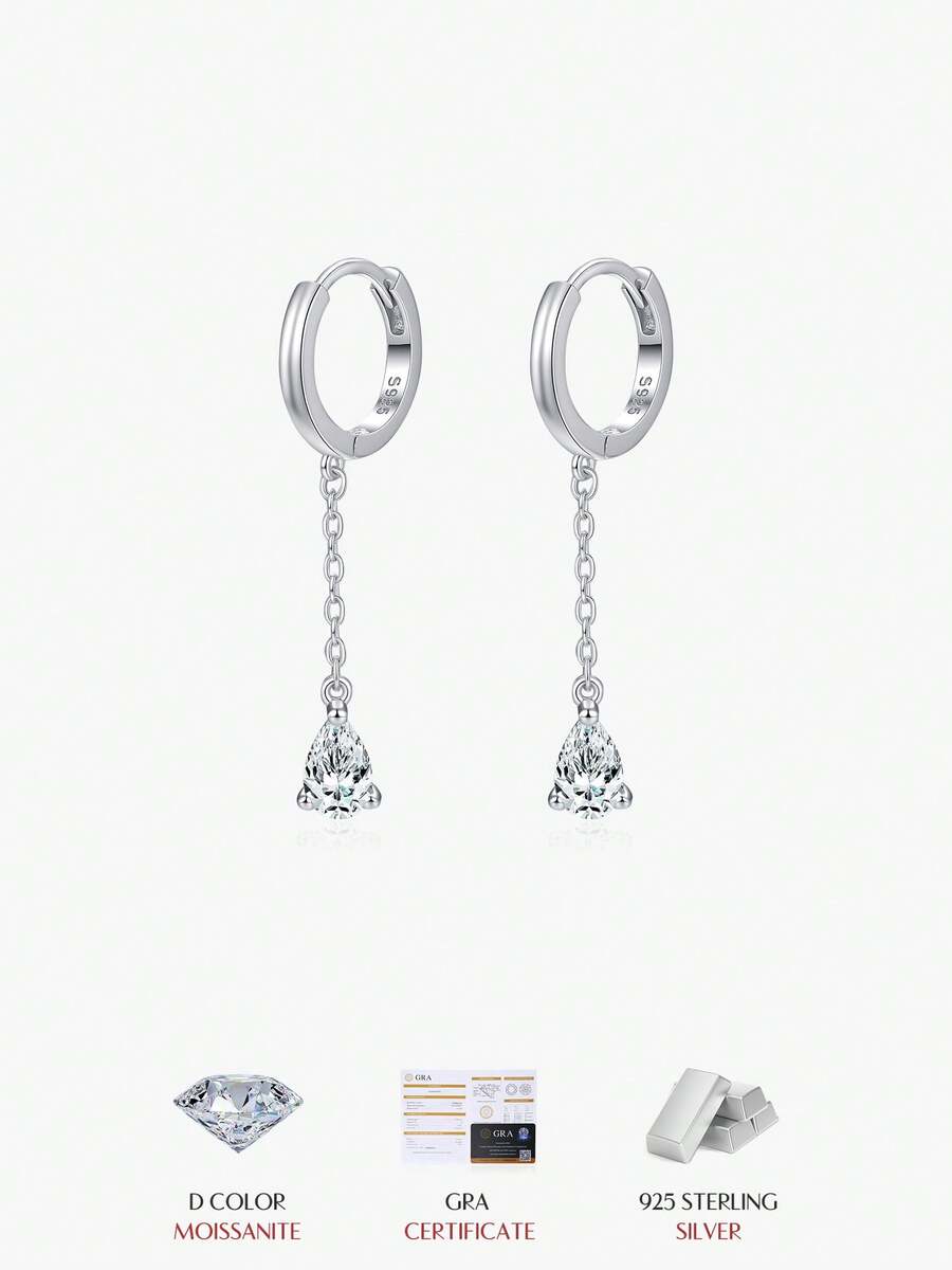 MODIAN 1 CT D Color Pear Cut Moissanite Drop Earrings 925 Sterling Silver Long Chain Lab Diamond Hoop Earrings Jewelry For Women - Silver - View 1