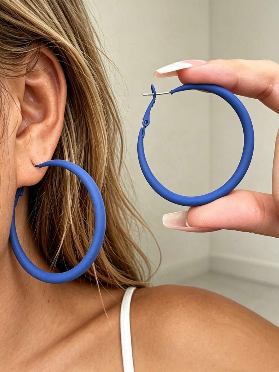 1 Pair Dopamine Candy Color Geometric Round Hoop Earrings, Fashion Exaggerated Minimalist Versatile Casual Earrings For Women's Daily Wear - Royal Blue - View 1