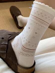 4 Pairs Women's Cute Polka Dot Ruffle Edge Comfortable Casual Mid-Calf Socks, White, Breathable And Soft, Suitable For School, Daily Wear, Random Color, Suitable For Spring, Summer, Autumn, Winter All Seasons - Multicolor - View 3