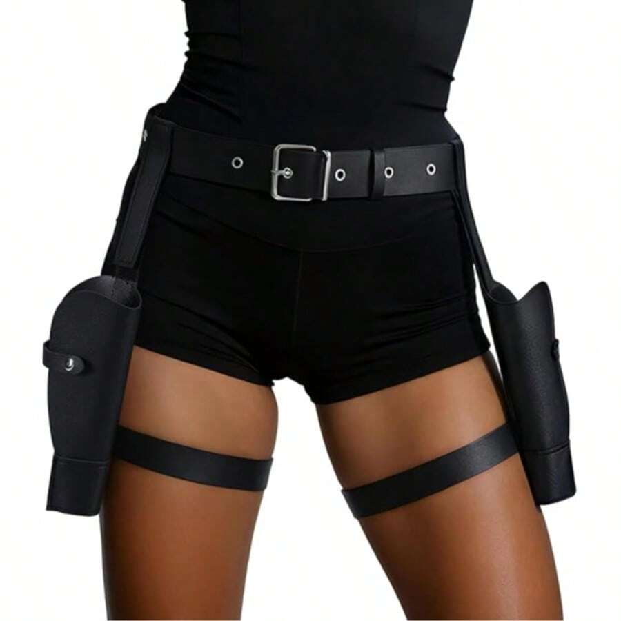 1 Set Sarung Pistol, Aksesori Kostum Polisi, Aksesori Sarung Pistol Kaki Koboi Barat, Aksesori Kostum Lara Croft - Tempat penyimpan pistol - View 1