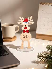 1pc Personalized Reindeer Christmas Tabletop Stand, Custom Name Cute Santa Hat Rudolph Table Decoration, Custom Xmas Desktop Ornament, Holiday Keepsake Gift For Family Home Christmas Decor - Multicolor - View 2