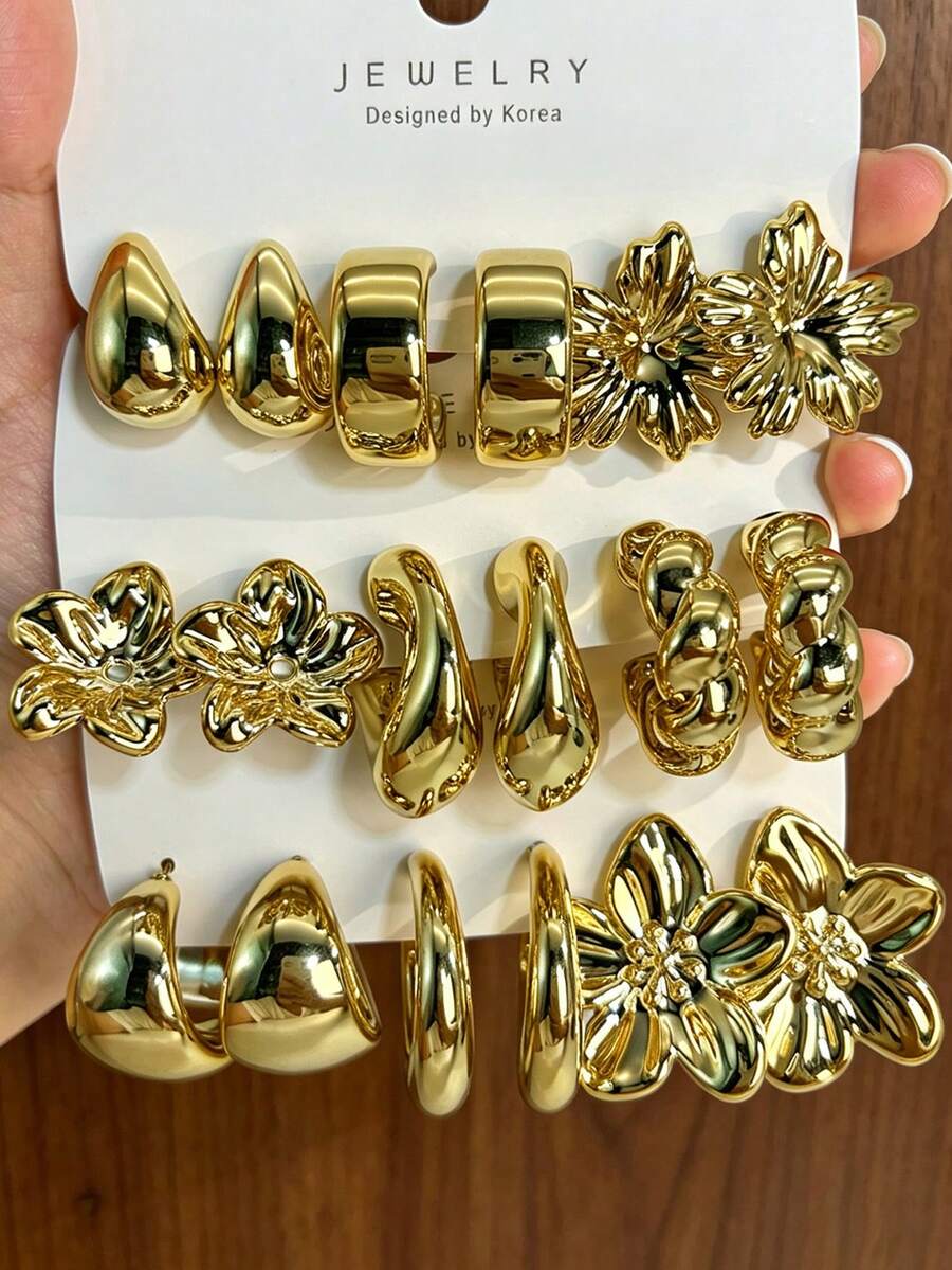 6/18pcs Fashion Elegant Floral Geometric Multicolor Gold Metal Earrings Set, Women's Fashion Earrings Set, Gift For Women - Gold - View 1