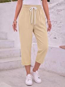 Jisfaneya Women's Solid-Color Lace-Up Pocket Casual Cropped Pants - Khaki - View 2
