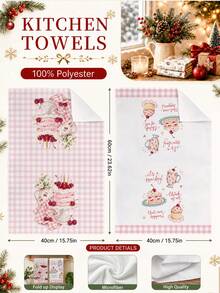MEMNUN 2pcs Pink & White Plaid Cherry Cake Afternoon Tea Pattern Printed Kitchen Towels, Soft Polyester Material Dish Cloths, Suitable For Kitchen Decor, Kitchen Cleaning, Holiday Party Decoration, Kitchen & Bathroom Supplies Home Essentials, Home Decor, Housewarming Gift - Multicolor - View 9