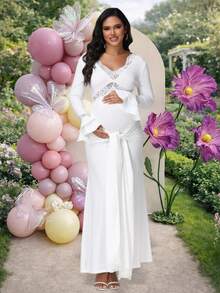 JustVH Lace Patchwork Ruched Tie-Up Long Fitted Maternity Dress, Party Gown, Baby Shower Photo Shoot White Spring Fall - White - View 1