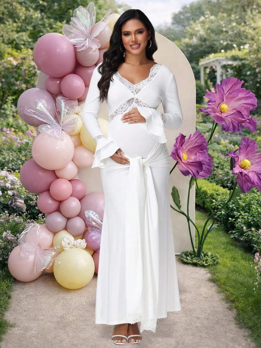 JustVH Lace Patchwork Ruched Tie-Up Long Fitted Maternity Dress, Party Gown, Baby Shower Photo Shoot White Spring Fall - White - View 1