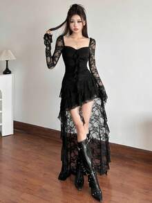 Top Dazzle Solid Color High Waist Fashionable Square Neck Long Sleeve Lace Patchwork Dress - Black - View 1