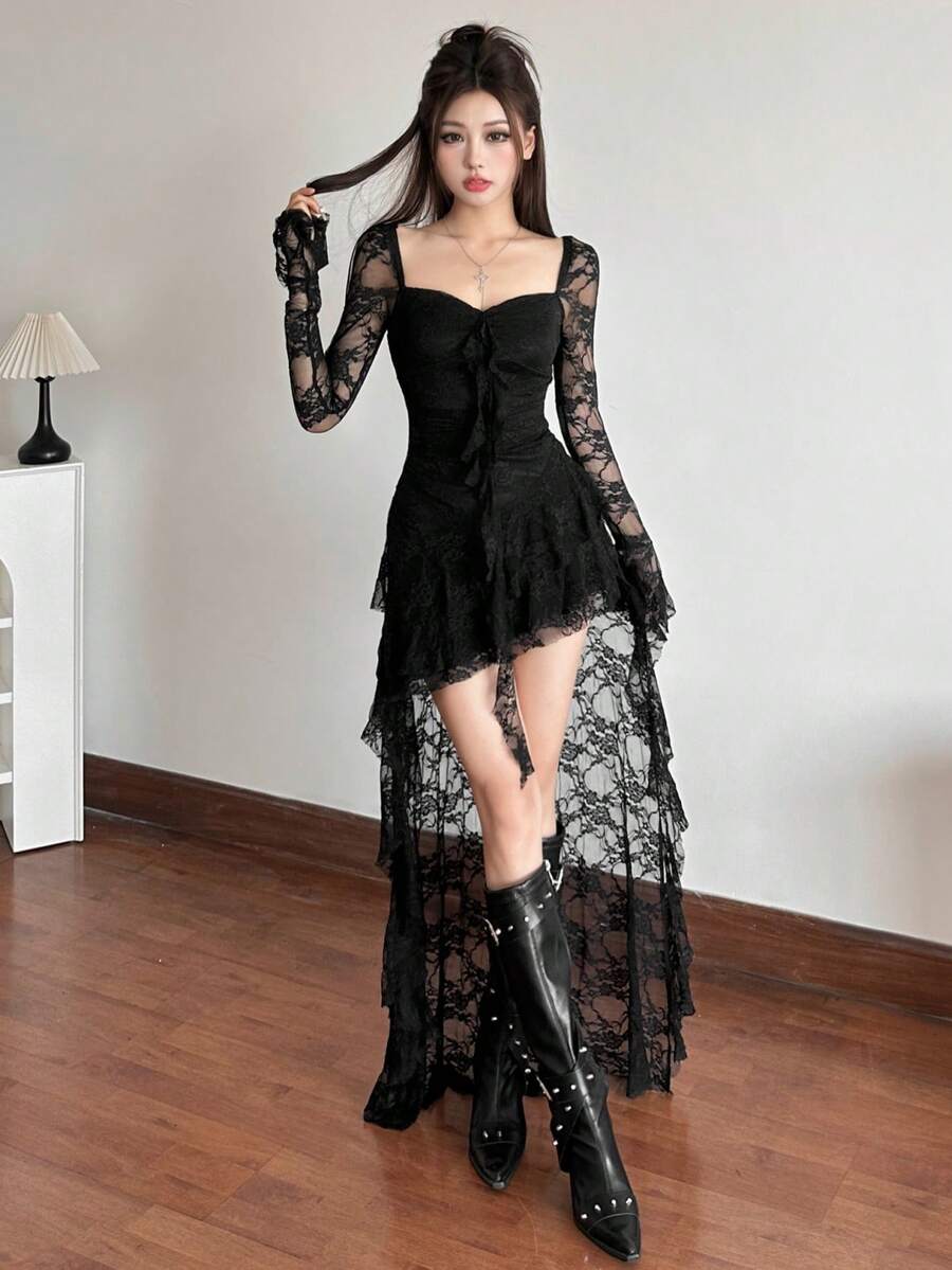 Top Dazzle Solid Color High Waist Fashionable Square Neck Long Sleeve Lace Patchwork Dress - Black - View 1