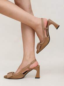 Women's Summer New Brown Pointed Toe High Heel Shoes With Bow Decor, Slingback Chunky Heel, Versatile Party Shoes - Brown - View 2
