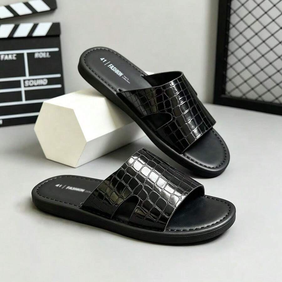 Men's Luxury Glossy Crocodile Embossed PU Leather Slide Sandals, Casual Breathable Open Toe Slip-On Flat Round Toe Soft Sole Anti-Slip Slippers, Suitable For Spring/Summer Home, Beach, Outdoor Wear - Black - View 1