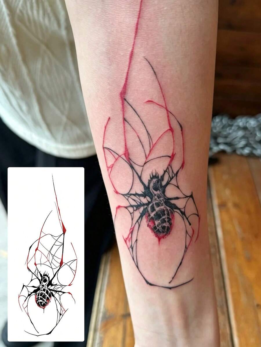 1 Sheet Black Red Line Art Spider Temporary Tattoo, Gothic Cobweb Fake Tattoo Stickers For Forearm Wrist, Water Transfer Body Art Tattoo For Halloween Party Decor - Multicolor - View 1