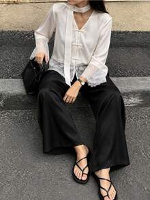 2pcs/Set Women's Fashion Street New Chinese Style Outfit, V-Neck Knot Button Lace Patchwork Top & Black Flare Pants, Autumn/Winter Outdoor Women's Commute INS Style Set - Multicolor - View 3