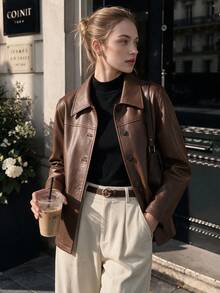 Jaket Kulit PU Cokelat Wanita, Kerah, Lengan Panjang, Desain Kancing, Panjang Standar, Kain Tidak Melar, Cocok untuk Musim Gugur - Coffee Brown - View 9