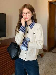 Plaid Polo Collar 2 In 1 Cable Knit Long Sleeve Cardigan Sweater Top For Women - Apricot - View 7