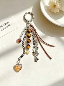 Vintage Y2k Bag Charm Keychain, Tortoiseshell Flower Heart Star Butterfly Tassel Retro Brown Bag Pendant,Backpack Car Key Accessory Decor Gift - Multicolor - View 13
