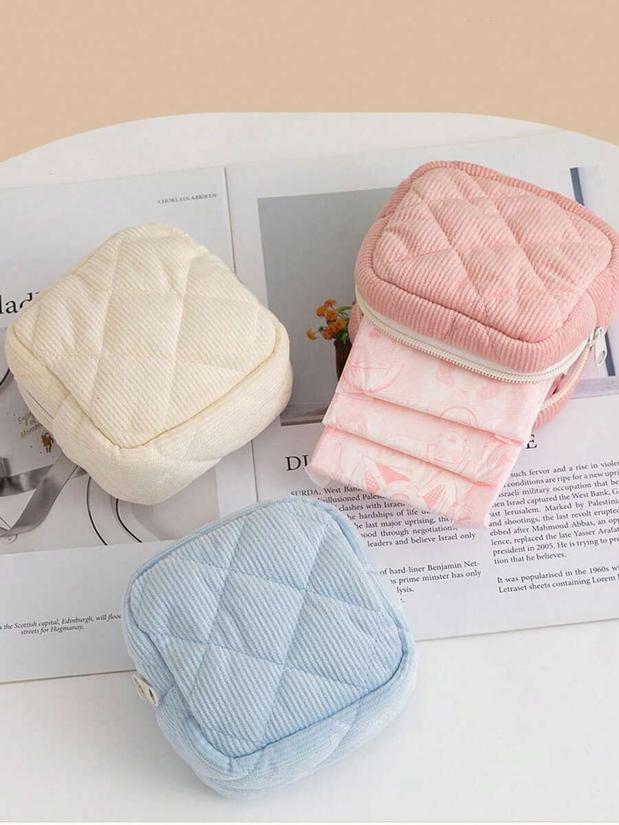 1pc Corduroy Material Girls Sanitary Napkin Storage Bag, Sanitary Pad Storage Bag, Travel Cosmetic Storage Bag, Coin Purse - Multicolor - View 1