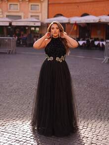 Women's Plus Size Glamorous Halter Neck Sequin Patchwork Hem Mesh Sexy Backless Long Party Holiday Evening Dress - Black - View 1