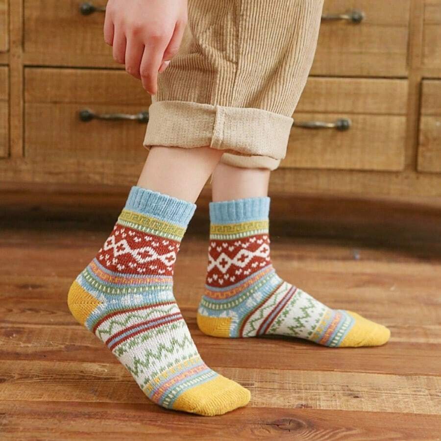 1pair/3pairs/5pairs, Autumn/Winter Vintage Geometric Jacquard Mid-Calf Socks, Fair Isle Colorful Diamond Pattern Thick Warm Socks - Multicolor - View 1
