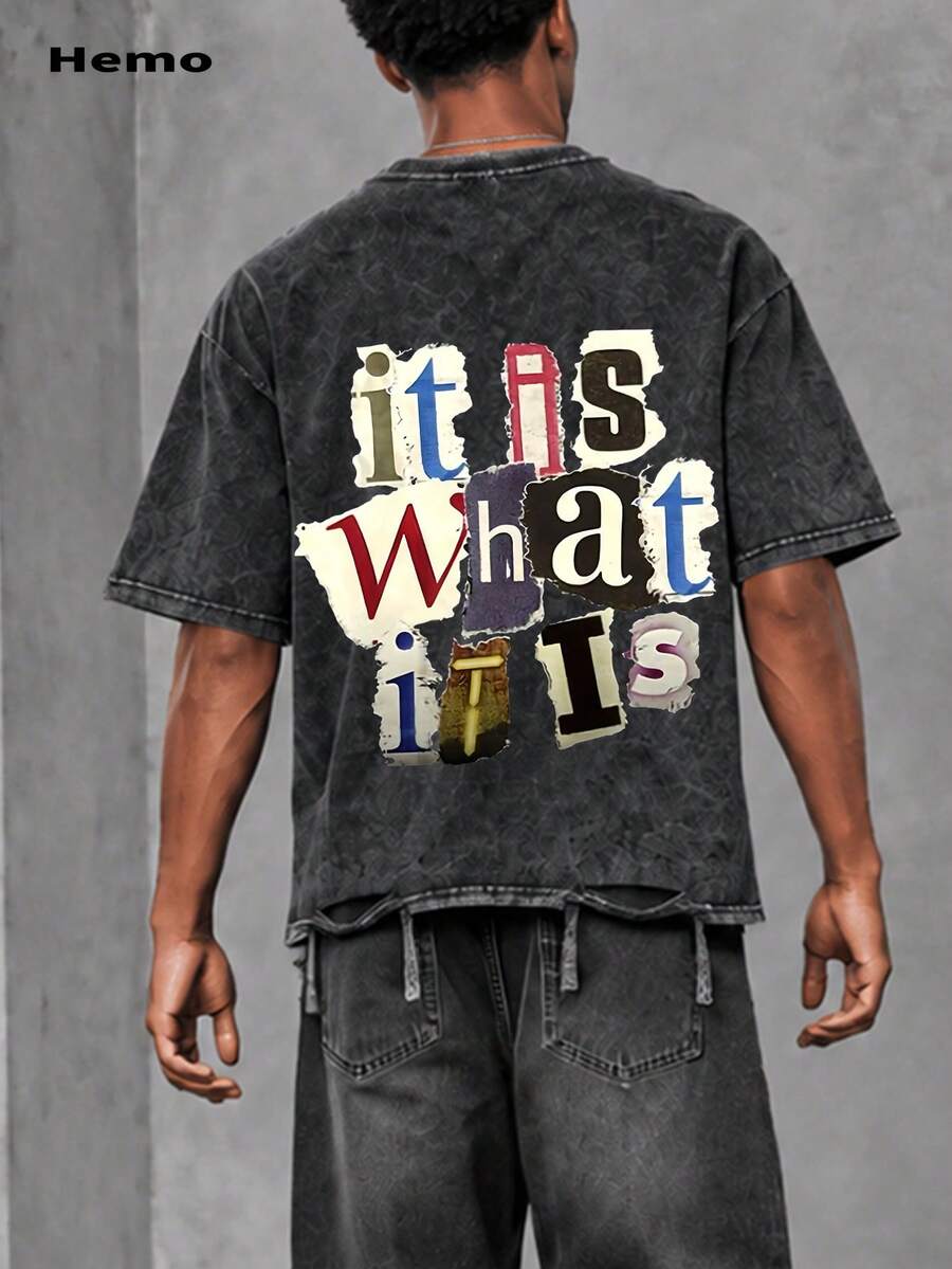 Hemo, It Is What It Is Letter Print Men's Fashionable Versatile Top, Street Style Vintage Distressed Crew Neck Short Sleeve Washed T-Shirt - Black - View 1