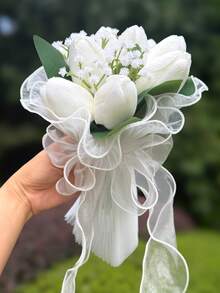 White Pearl Tulip Bridal Bouquet(8.66inch)With Pearl Decoration, Lace Bow Artificial Flower For Wedding Party Prom Gift - Multicolor - View 31