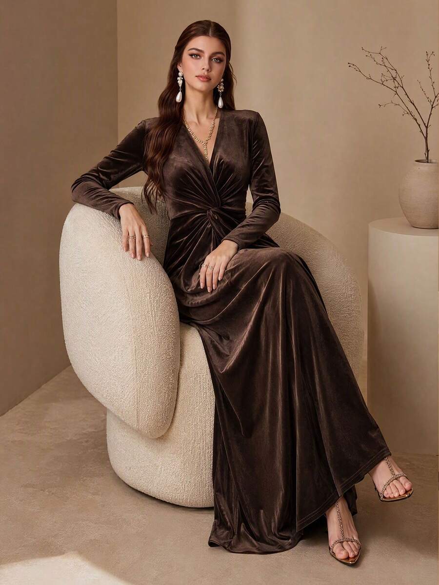 Women's Charming Brown Knitted Long Sleeve Cocktail Dress, Overlap Collar Twisted Front High Slit, Elegant Formal Gown - Coffee Brown - View 1