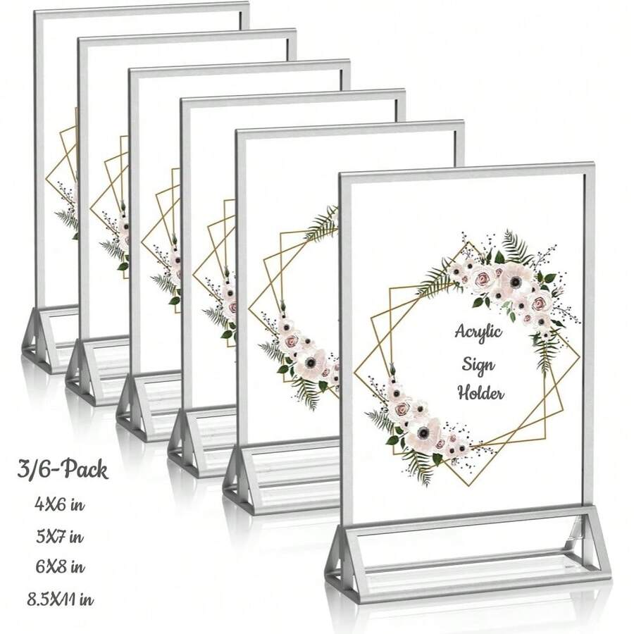3/6 Pack Acrylic Sign Holder 5x7/4x6/6x8/8.5x11 Double-Sided Silver Picture Frames Clear Sign Holder For Flyer Holder Menu Holder Wedding Table Number Holder Photo Frame