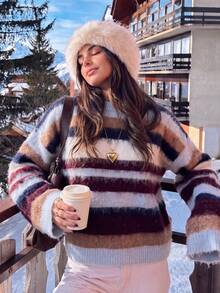 Women Striped Fuzzy Knit Sweater Round Neck Long Sleeve Loose Fit Color Block Pullover Casual Winter Jumper - Multicolor - View 2