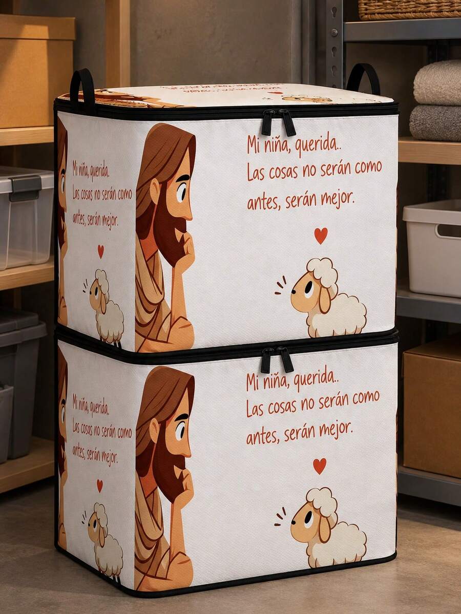 Cute Religious Sheep Heart Print Storage Bag, Jesus Sheep Letter Print Large Capacity Home Storage Box With Lid Storage Bin - Multicolor - View 1