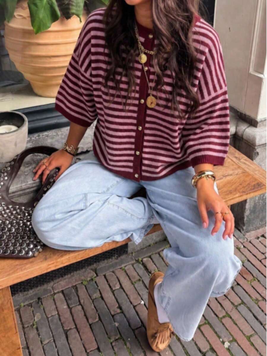 Plus-Size Women's Y2K Comfortable Burgundy Striped Elbow Sleeve Round Neck Loose Knit Cardigan Sweater Button Up Top Autumn Fashion Outfit - Red and Pink - View 1