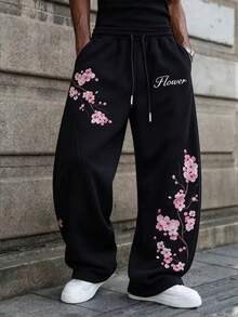 Men's Elastic Drawstring Waist Wide Leg Drape Fit Sweatpants With Pink Plum Blossom 3D Embroidery, American Street Style Casual Long Pants For Daily Wear, Dating, Autumn Versatile - Black - View 3