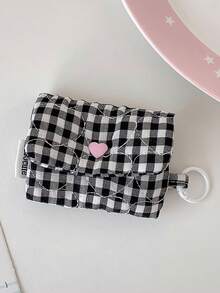 Cute Gingham Quilted Mini Pouch, Heart Snap Button Small Coin Purse With Keyring, Portable Earbud Sanitary Napkin Storage Bag - Multicolor - View 10