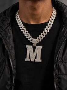 1pc Hip Hop Oversized M Letter Iced Out Pendant Necklace, Rhinestone Cuban Chain Set, Rap Style Accessory, Unisex Music Festival Party Outfit Personalized Jewelry Gift - M - View 10