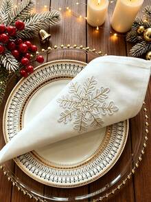 1pc 100% Polyester Christmas Snowflake Embroidered Linen Cloth Napkin, White Table Dinner Napkin For Xmas Holiday Party Table Decor - Silver - View 7