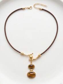 1pc Women's Woven Brown Leather Rope Necklace, Branch-Shaped Decorative Element, Double-Layer Oval Amber-Textured Stone Pendant, Vintage Textured Binding, Suitable For Daily Wear And Party Looks - Yellow Gold - View 2