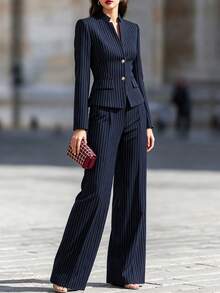 Women's Notched Collar Pinstripe Suit Set With Button Details, Long Sleeve Blazer & Wide Leg Pants, Elegant Formal Outfit For Fall & Winter - Navy Blue - View 4