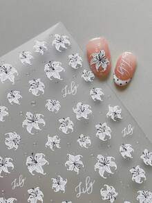 1Sheet Fresh Jelly Small Flower Self‑Adhesive Nail Stickers, Lily Blooms With Script Text, Multi‑Shape Mixed, Decals For Soft‑Style Outfit Matching - Multicolor - View 1