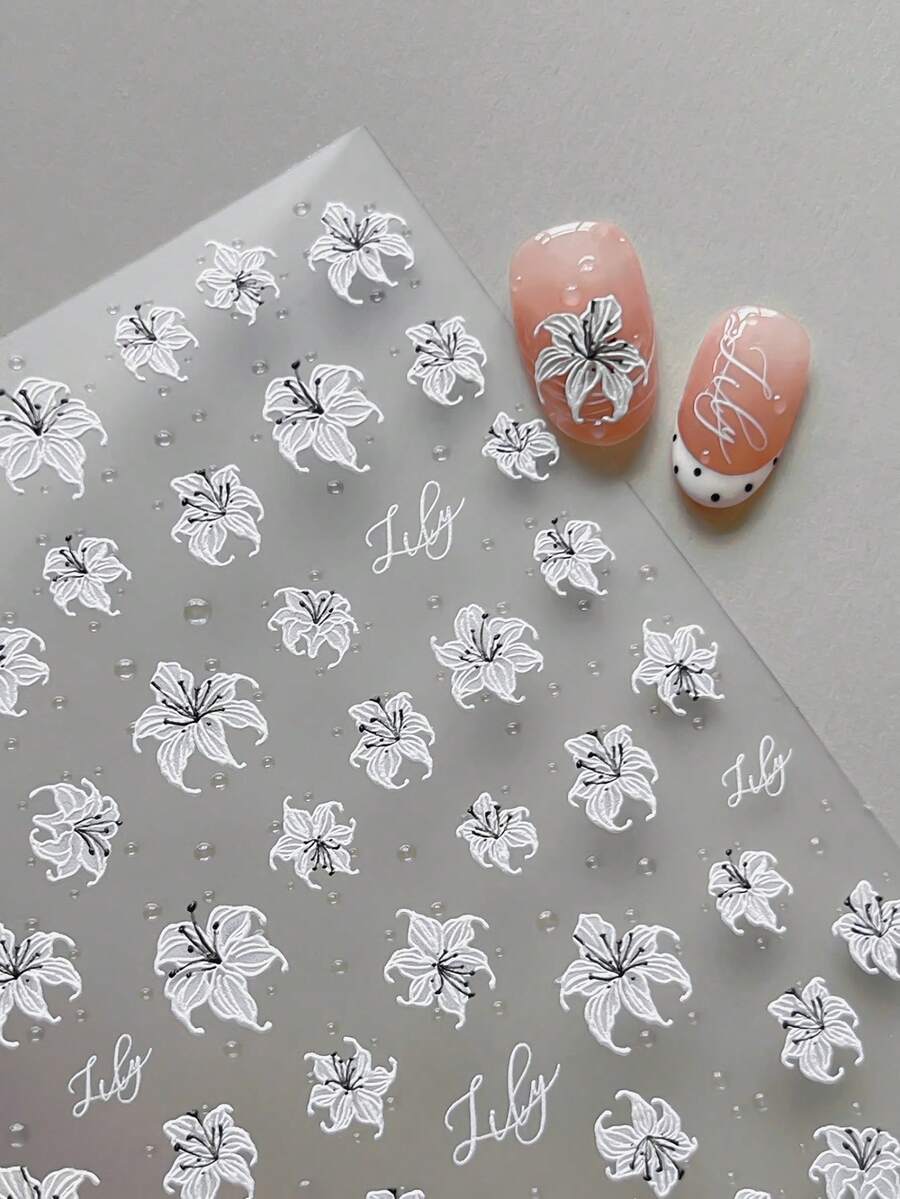 1Sheet Fresh Jelly Small Flower Self‑Adhesive Nail Stickers, Lily Blooms With Script Text, Multi‑Shape Mixed, Decals For Soft‑Style Outfit Matching - Multicolor - View 1