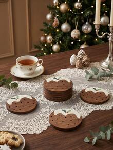 8/4/1pc Christmas Pudding Wooden Coasters - Featuring Custom Festive Designs,Perfect For Home,Office,Cafe,Or Tea Room Decor And Holiday Table Settings.Heat-Resistant Coasters,Kitchen Accessaries,Christmas Housewarming Gift,Christmas Table Decor - View 7