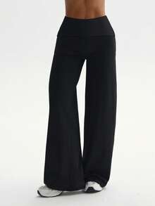 Women's Autumn/Winter Solid Color Butt-Lifting High-Waist Wide Leg Pants, New High-Waist Loose Straight Leg Slimming Casual Sports Pants, Designed Long Pants, Suitable For Fitness, Sports, Outdoor, Pilates, Yoga, Halloween Outfit, Airport Outfit, Autumn/Winter Long Pants, New York Fashion Week, Best Seller - Black - View 5