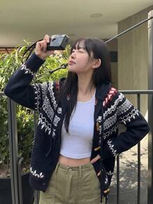 Casual Women's Hooded Cardigan With Toggle Closure Long Sleeve Regular Length Fair Isle Print Rib-Knit Hem For Winter Outfits - Black - View 4
