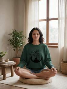Plus Size Women's Casual Meditation Tree Shadow Logo Print Crew Neck Long Sleeve Faux Sweater, Casual Pullover Top, Women's Autumn Clothing, Winter, Suitable For Daily Wear And Parties - Green - View 4