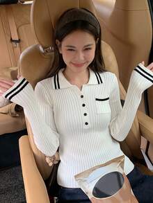Korean Style Casual Color Block Ribbed Polo Collar Half-Button Pocket Long Sleeve Slim Fit Ribbed Knit Top For Women, Autumn/Winter - White - View 4