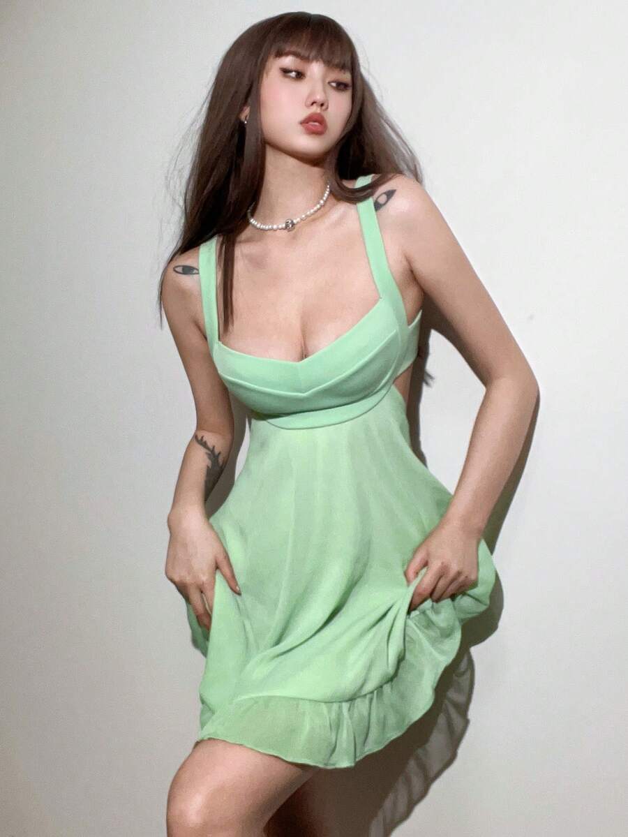 Top Dazzle Loose Fit Off Shoulder Mesh Overlay Dress, Flattering - Green - View 1