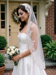 1 Pc Mantilla Wedding Veil Lace Applique With Sequins Fingertip Length Bridal Veil With Invisible Comb For Brides - Multicolor - View 7