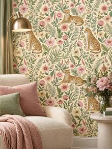 1 Roll Vintage Jungle Leopard Floral Self-Adhesive Wallpaper, Soft Pink Flowers Green Leaves Leopard Animal Pattern, Peel And Stick Waterproof Wall Decal For Nursery, Bedroom, Living Room, Cabinet DIY Renovation Decoration - Multicolor - View 7