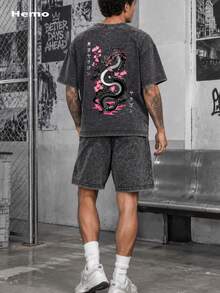 Hemo, Summer Men's Street Fashion Japanese Dragon Print T-Shirt And Shorts Set, Slightly Stretchy Washed Black Casual Daily 2-Piece Outfit - Black - View 1